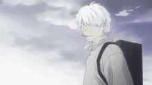 a drawing of a man with white hair and a backpack