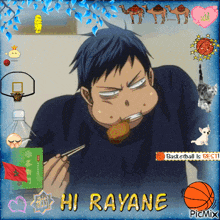 a picture of a man eating with chopsticks with the name hi rayane on the bottom