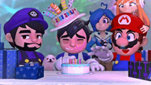 a group of cartoon characters celebrating a birthday