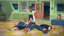 a cartoon scene with a fire extinguisher and a sign that says emergency