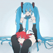 a drawing of a girl with blue hair and a red haired girl with the letter o on her chest