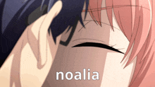 a close up of a person 's face with the word noalia written below it