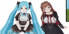 two anime girls are sitting next to each other and one has blue hair and the other has brown hair