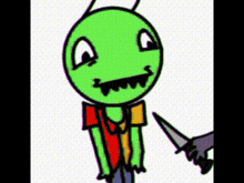 a cartoon of a green alien holding a knife .