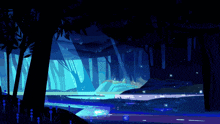 a painting of a forest with trees and a body of water