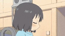 a cartoon girl with short black hair is sitting in front of a washing machine with her eyes closed .