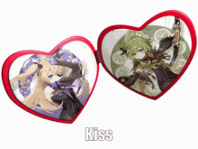 a heart shaped mirror with a picture of two anime girls and the word kiss below it