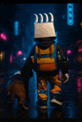 a cartoon character with a robot head walking a dog