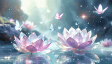 a painting of a lotus flower with butterflies flying around it