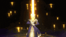 a girl with blonde hair is holding a sword in her hand