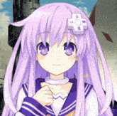 a girl with purple hair and a white cross on her hair