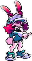 a cartoon character with bunny ears and a hat is pointing at the camera .