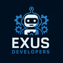 a logo for exus developers has a robot and gears