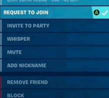 a screen shot of a video game where you can request to join invite to party whisper mute add nickname remove friend block and more