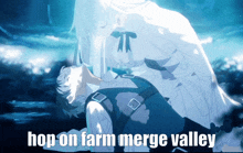 a picture of a man and a woman with the words hop on farm merge valley