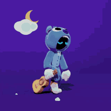 a cartoon character holding a guitar and a crescent moon in the background