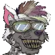 a cartoon drawing of a cat wearing sunglasses and a feathered mohawk .