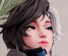 a close up of a woman 's face with short hair and a blue bow tie .