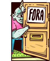 Ogre Behind Door With Caption That Says Get Out In Portuguese Sticker - Grownup Ogre Google Stickers