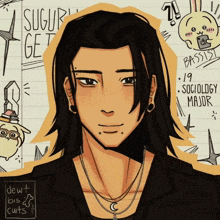 a drawing of a man with the words ' sugiru get ' written in the background
