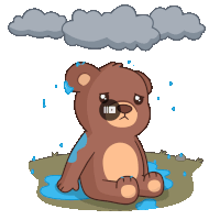 a cartoon of a teddy bear sitting in a puddle of water under a cloud