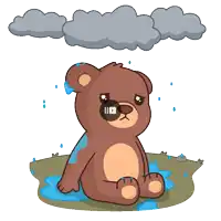 a cartoon of a teddy bear sitting in a puddle of water under a cloud