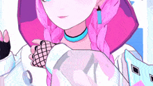 a close up of a girl with pink hair and a fishnet glove