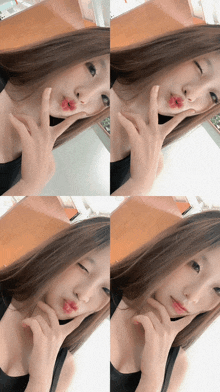 a collage of four photos of a woman with her hand on her face