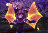a video game character with wings and horns is standing in front of a cherry blossom tree