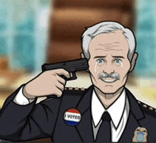 a man in a police uniform is holding a gun to his head while wearing a i voted button