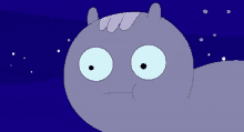 a close up of a cartoon character with big eyes and a purple head