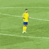 a soccer player wearing a yellow shirt with kafl on it