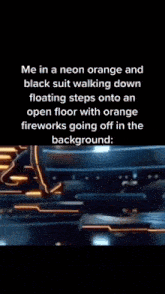 Me Wearing A Neon Orange And Black Suit Walking Down Floating Steps GIF - Me Wearing A Neon Orange And Black Suit Walking Down Floating Steps GIFs