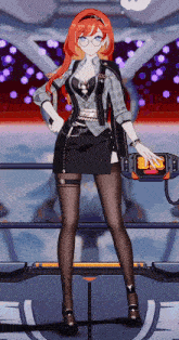 a girl with red hair and glasses is standing in front of a control panel