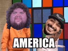 a man with a beard is next to another man with a hat that says blizzard