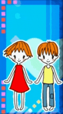 a boy and a girl are standing next to each other and holding hands