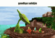 a cartoon of a dinosaur in a nest with the words goodbye solidjin above it