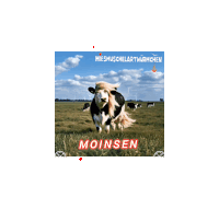 a picture of a cow running in a field with the word moinsen underneath