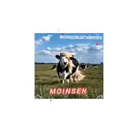 a picture of a cow running in a field with the word moinsen underneath