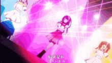 a girl in a pink dress is surrounded by other girls and says b on the bottom left