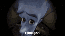 a close up of a cartoon character with big eyes and the words 1 sitting