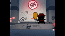a cartoon character holding a fried chicken standing in front of a sign that says nin