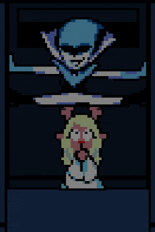 a pixel art of a skeleton and a girl with a sword