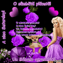 a picture of a woman in a purple dress with purple flowers and a small dog in a cup that says love