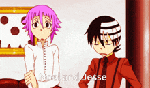 a couple of anime characters standing next to each other with the words noel and jesse written on the bottom