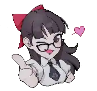 a pixel art drawing of a girl wearing glasses and a red bow