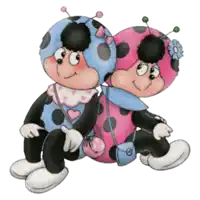 two ladybugs are sitting next to each other and one is wearing a pink purse