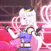 a girl with pink hair is wearing a hat and gloves while standing on a stage .