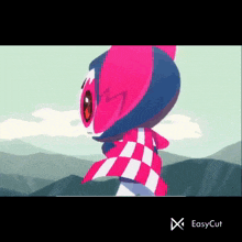a cartoon character with a red and white checkered scarf around her neck