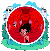 a cartoon drawing of a man in a red circle with the name gene on the bottom right corner